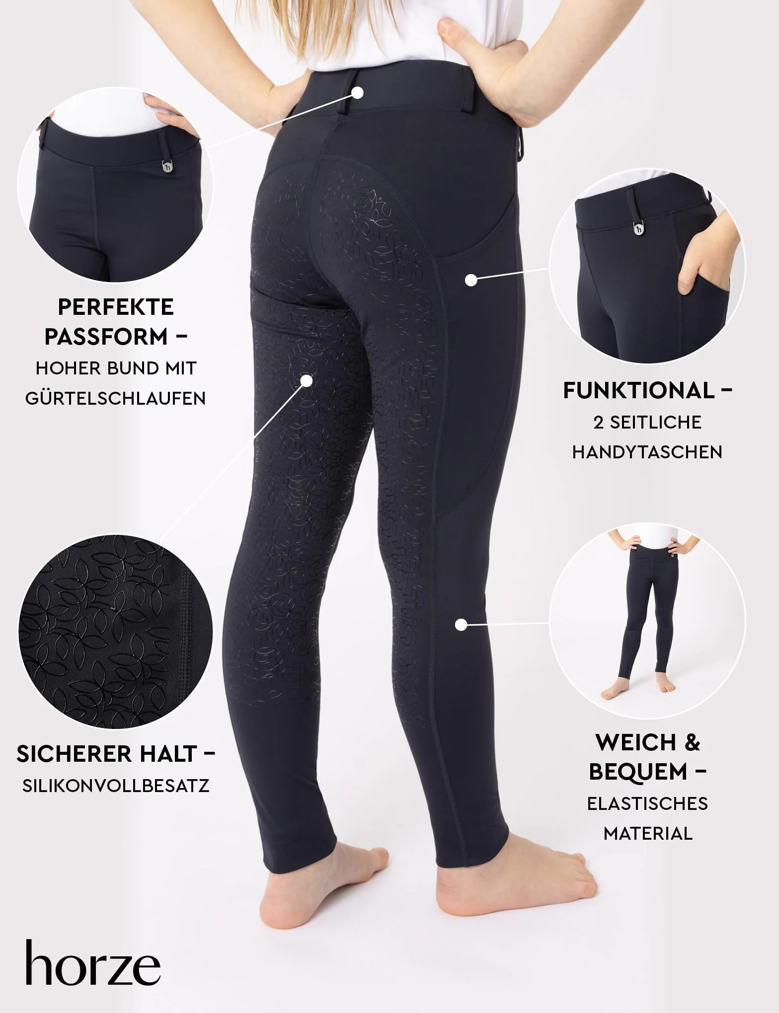 HORZE Legging d'équitation DEA, pour Enfant, Pantalon d'équitation pour Fille, Passants de Ceinture, empiècement Complet, Poche pour téléphone Portable