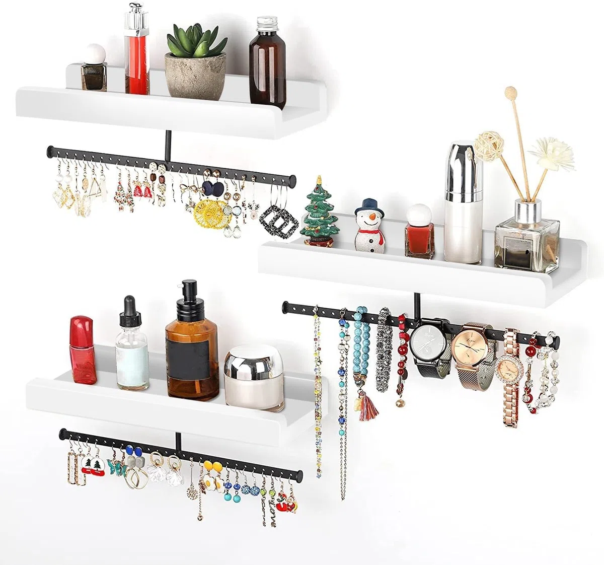 Porte Bijoux Murale, Rangement Bijoux et Etagere Murale Bois 2 en 1, Presentoir Bijoux Mural de Rangementen Maximal 20Kg, Arbre a Bijoux pour Collier, Anneau, des Boucles d'oreilles Montre