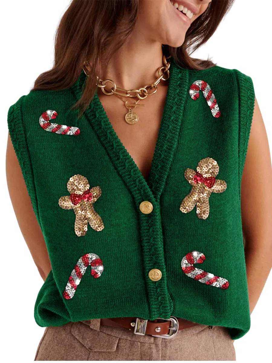 Pull de Noël moche pour femme - Imprimé Père Noël à paillettes - Sans manches - Bouton sur le devant - Cardigan en tricot