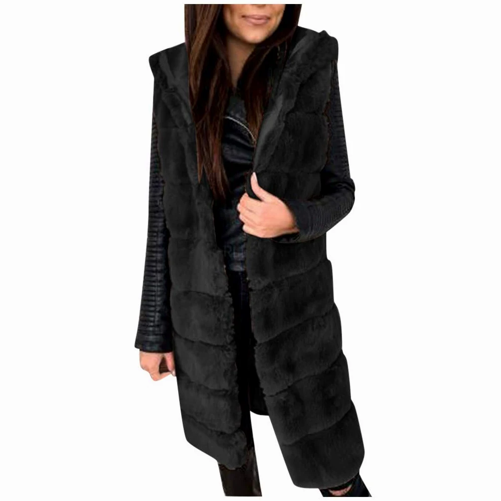 Gilet en fausse fourrure grande taille, gilet long et moelleux pour femme, manteau coupe-vent en plein air, cardigan élégant sans manches, gilet chaud de luxe, vêtements d'extérieur, gilets à capuche