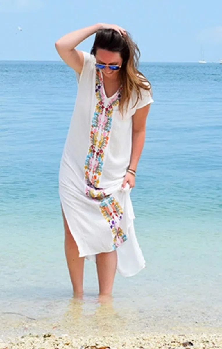 Coton D'été Brodé Floral Lâche Caftan Boho Beach Bikini Cover Up Dress Grande Taille Robe pour Les Femmes