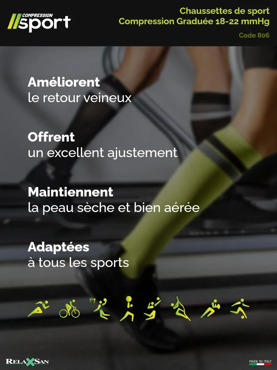 Relaxsan Chaussettes de Contention Femme et Homme, Sport et Running, Compression 18-22 mmHg, Made in Italy, 806