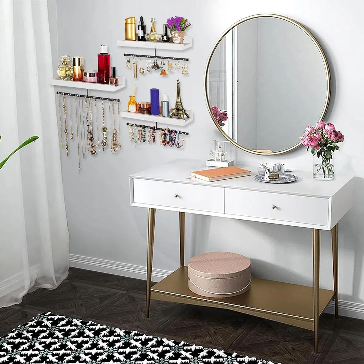 Porte Bijoux Murale, Rangement Bijoux et Etagere Murale Bois 2 en 1, Presentoir Bijoux Mural de Rangementen Maximal 20Kg, Arbre a Bijoux pour Collier, Anneau, des Boucles d'oreilles Montre