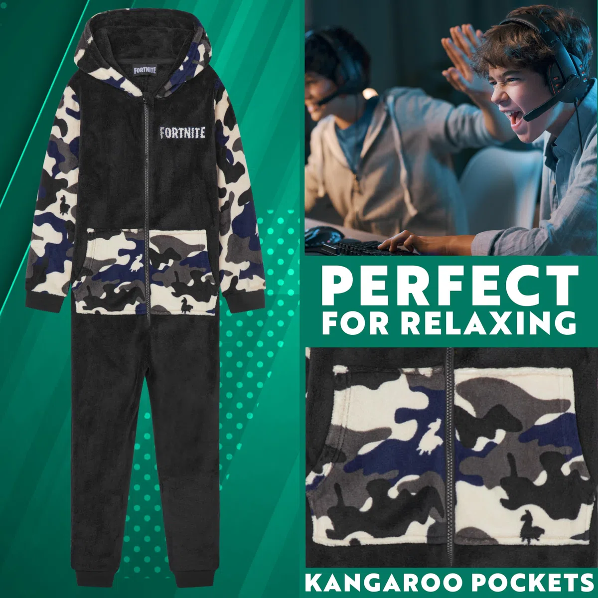 Get Trend Fortnite Grenouillere Adolescent Garcon Combinaison Enfant Pyjama Combinaison Polaire avec Capuche Idée Cadeau Gamer (13-14 Ans, Noir Camo Fortnite)