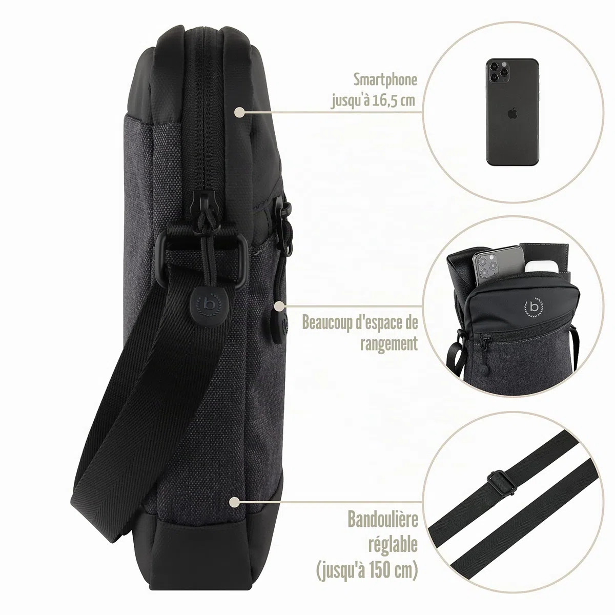 bugatti Universum Sac à bandoulière pour homme, sac à bandoulière en XS ou S, noir