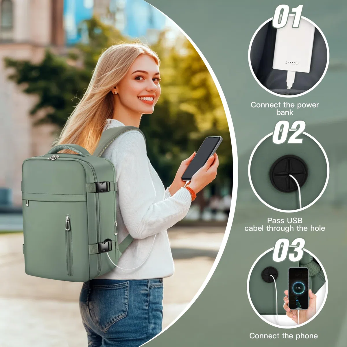 OTAHGK Bagage Cabine 40 x 30 x 20 pour Ryanair, Sac à Dos de Voyage Bagage à Main Avion Sac à Main sous Le Siège Valise Décontracté École Bureau Sac Ordinateur Portable -Vert