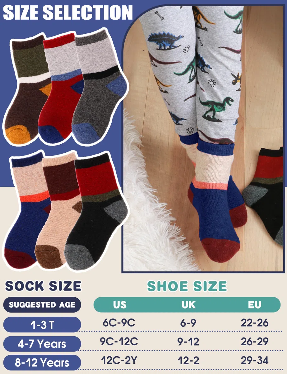 Sandsuced 6 Paires Chaussettes Chaudes Enfant en Laine Mérinos,Chaussettes épaisses Hiver Thermique pour Garçon Fille 22-34