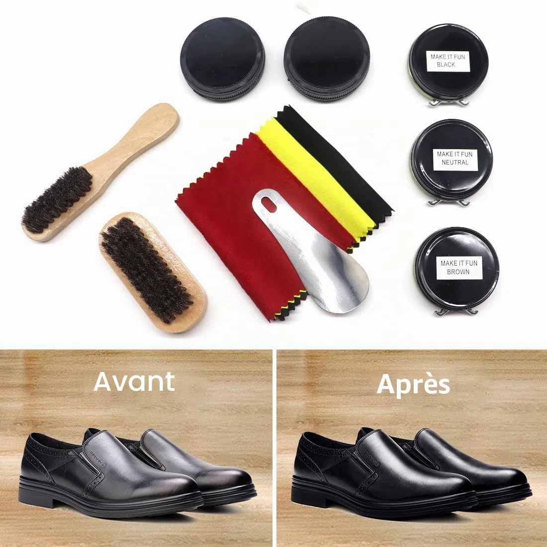 Kit d'Entretien de Chaussures 12 Pièces - Cirage Pour Cuir Avec Cire Marron et Noire, Brosses de Polissage - Compact, Marron