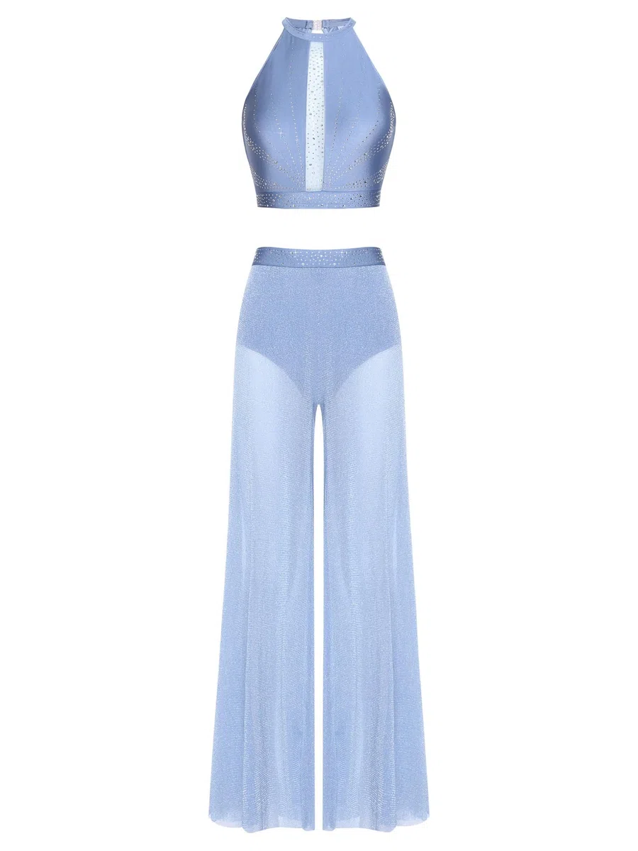 Oyolan Vêtement Danse Lyrique Ballet Femme Costume Danse Contemporaine Moderne Crop Top Strass Pantalon Ample Dancewear