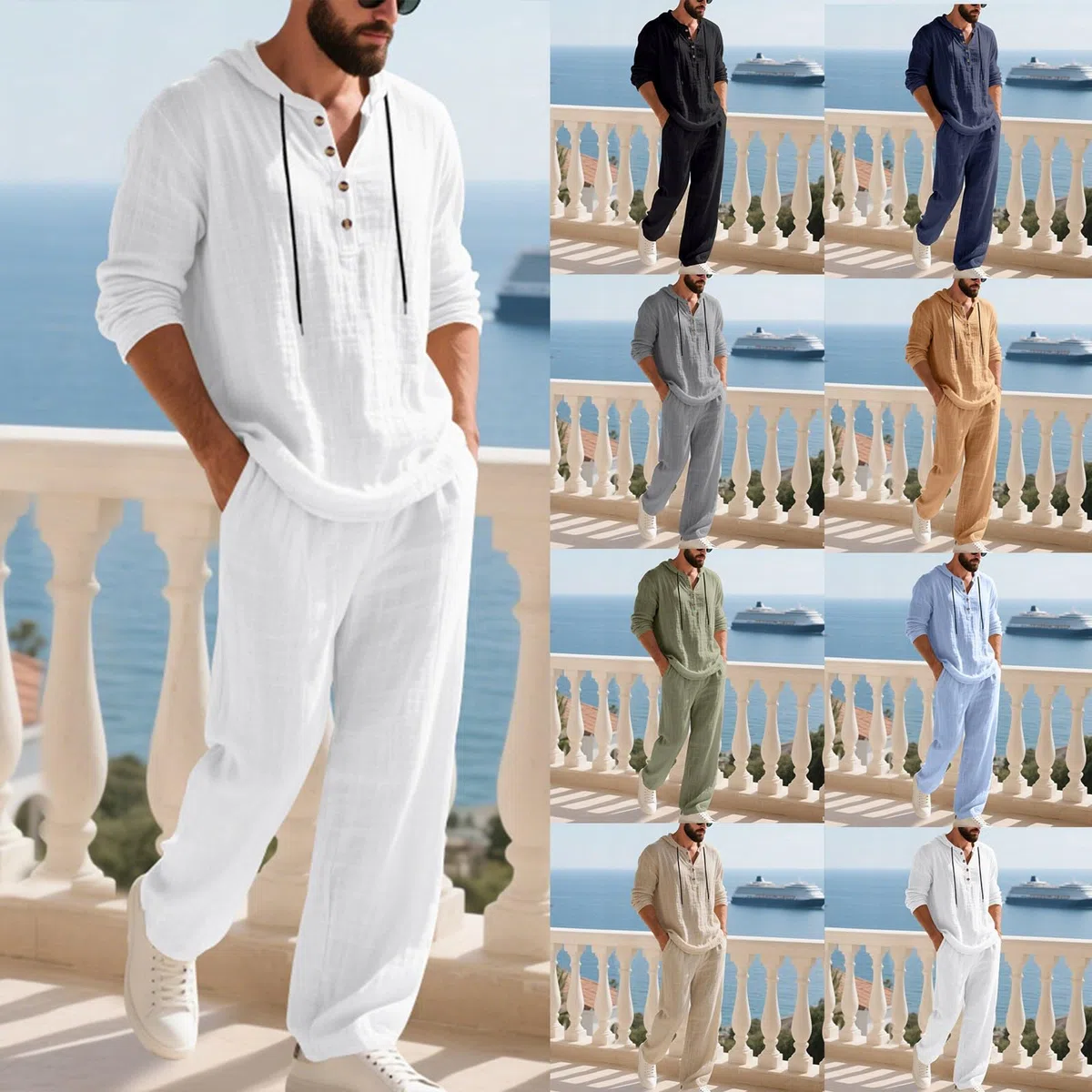 Générique Ensemble 2 Pièces Haut Et Pantalon Ample À Capuche For Hommes Tenue De Costume En Lin Décontractée Avec Cordon De Serrage Tenue Quotidienne ensemble homme chic