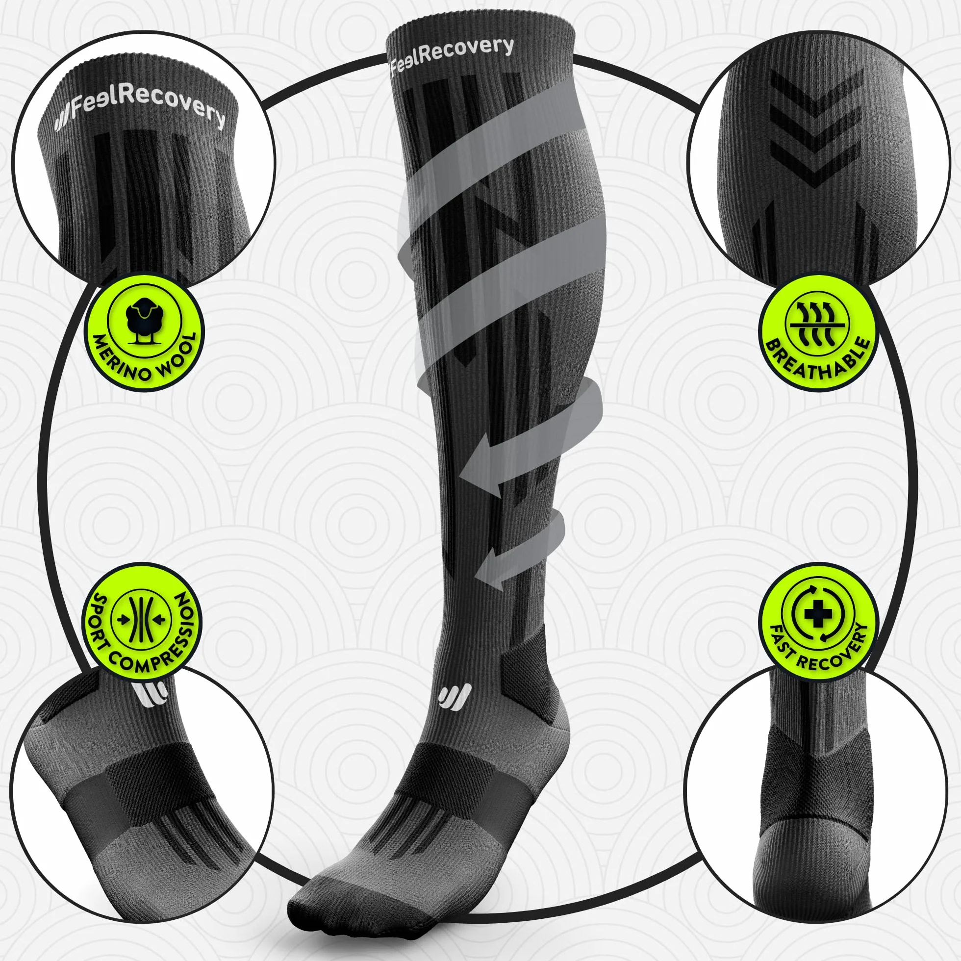 Bas de Contention Homme & Femme (1 Paire) - Chaussettes Compression Sport, Running, Ski, Athlétisme - Manchons Contention Voyage, Travail & Récupération - Chaussettes Longues Respirantes Laine Mérinos