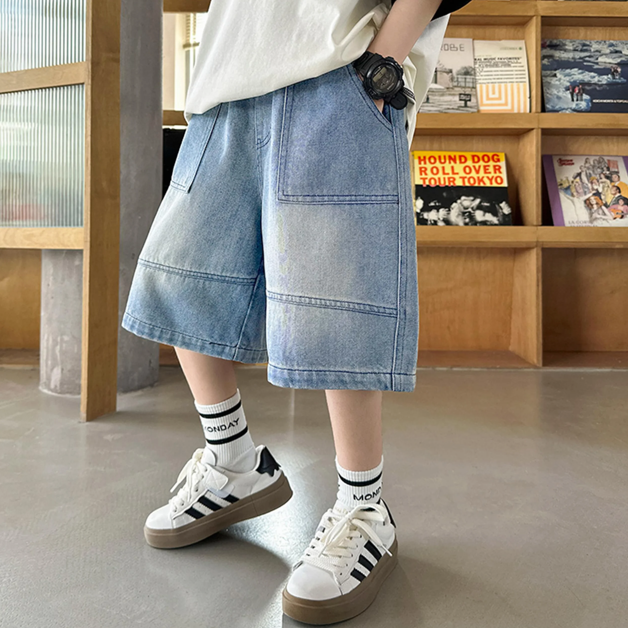 Rolanko Short en Jean pour Garçon, à Taille Élastique Baggy Ample Cargo Denim Shorts pour L'été