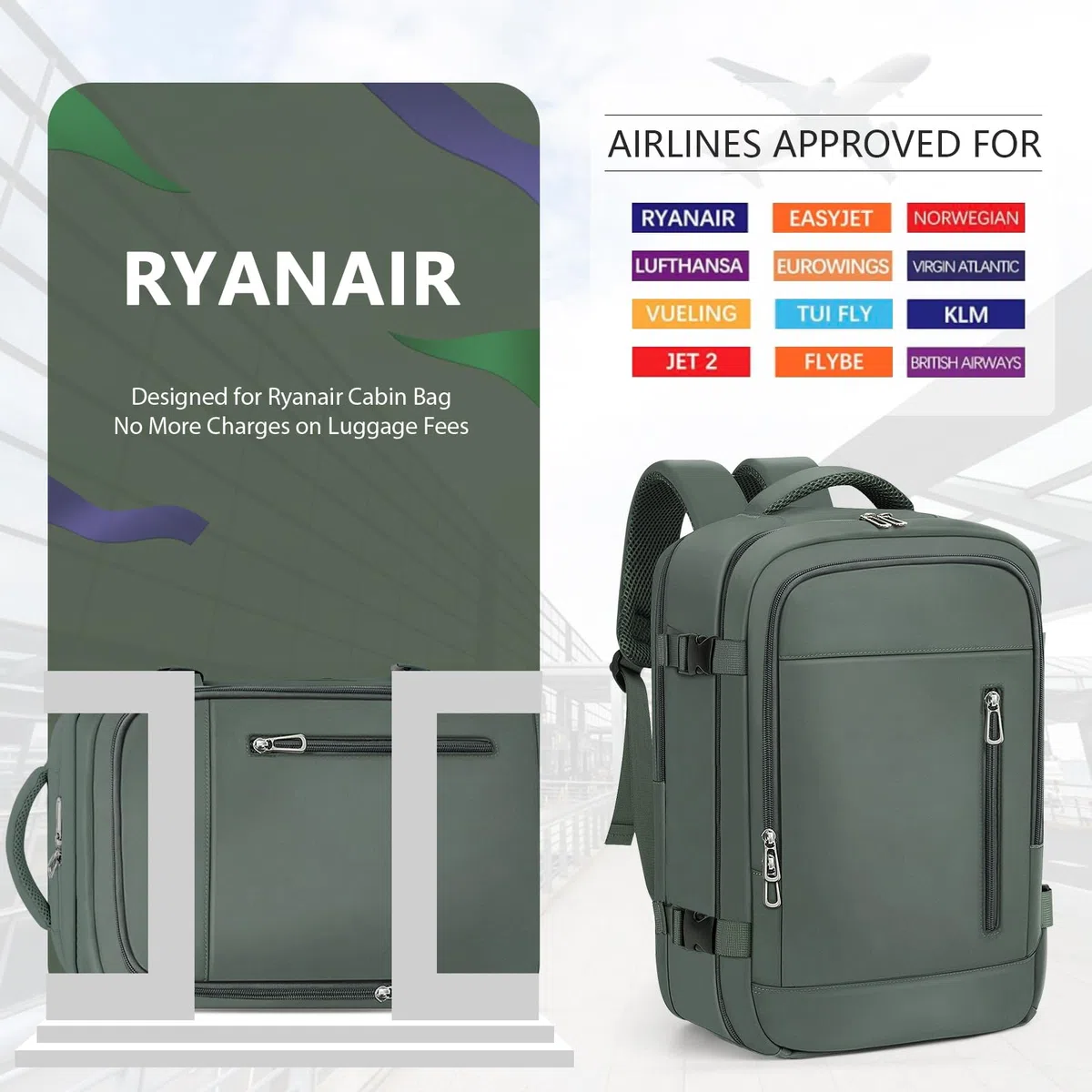 OTAHGK Bagage Cabine 40x20x25 pour Ryanair Sac à Dos de Voyage Bagage à Main Avion Sac à Main sous Le Siège Valise Sac Ordinateur Portable avec Port de Charge USB