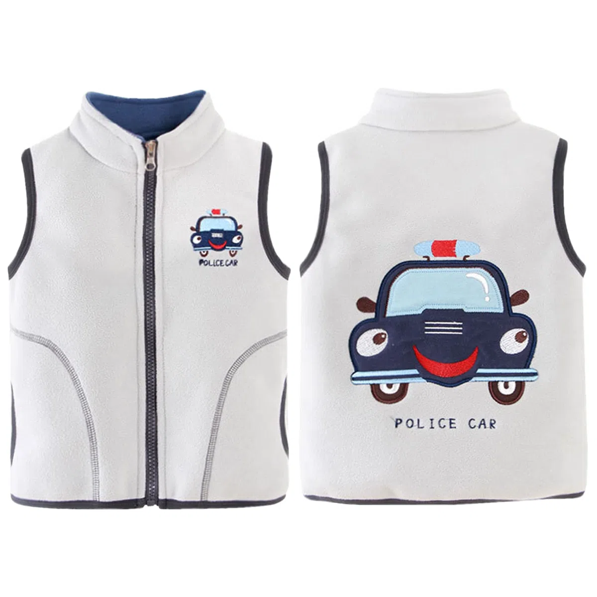 Bébé Enfants Garçons Gilet Polaire Fermeture Éclair Complète Col Montant Veste Sans Manches Manteau Survêtement Automne Hiver Gilets pour 1-8 Ans - Motif Voiture de Police