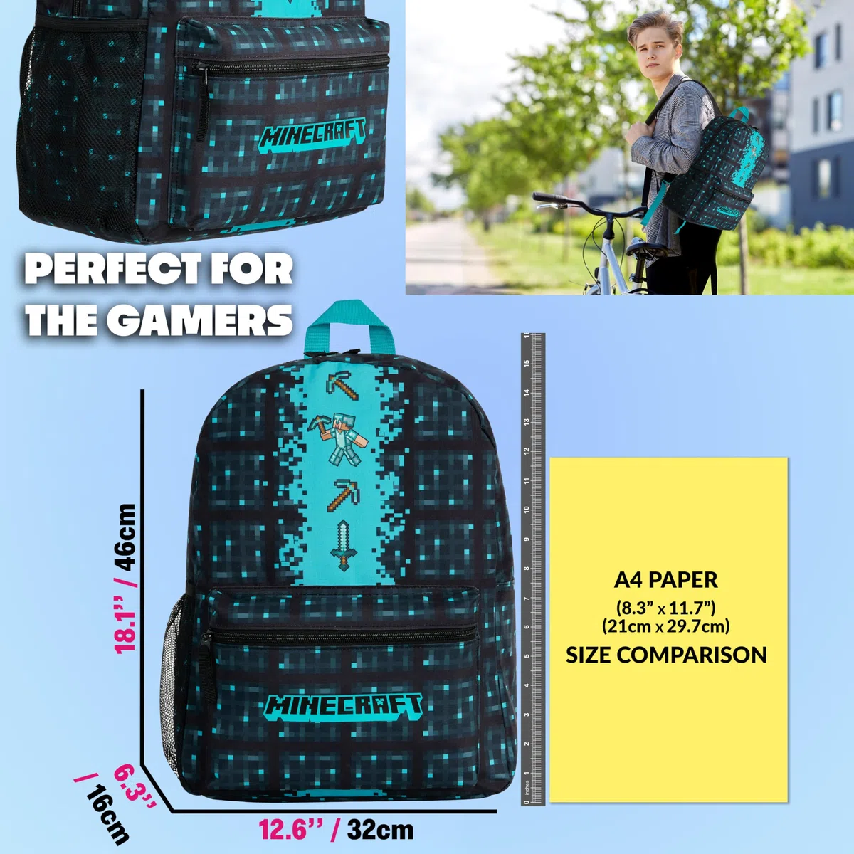 Minecraft Sac à Dos École pour Enfants Avec Poche Avant Zippée pour Le Sport, La Salle de Sport (Bleu)
