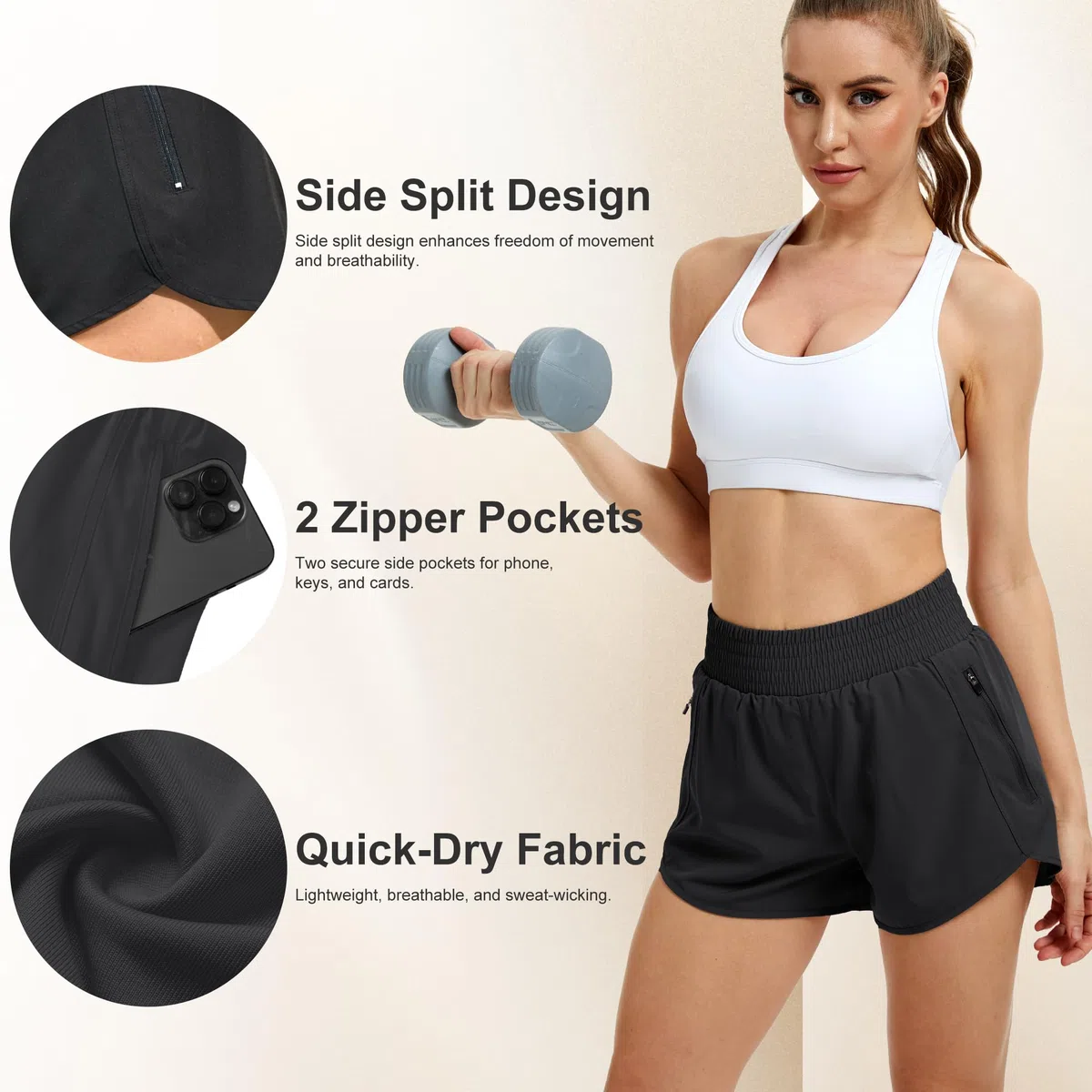 Lot de 3/5 shorts de sport pour femme - Short de sport court avec poche zippée - Pour l'été - Respirant - Séchage rapide - Pour la course, le fitness, le yoga