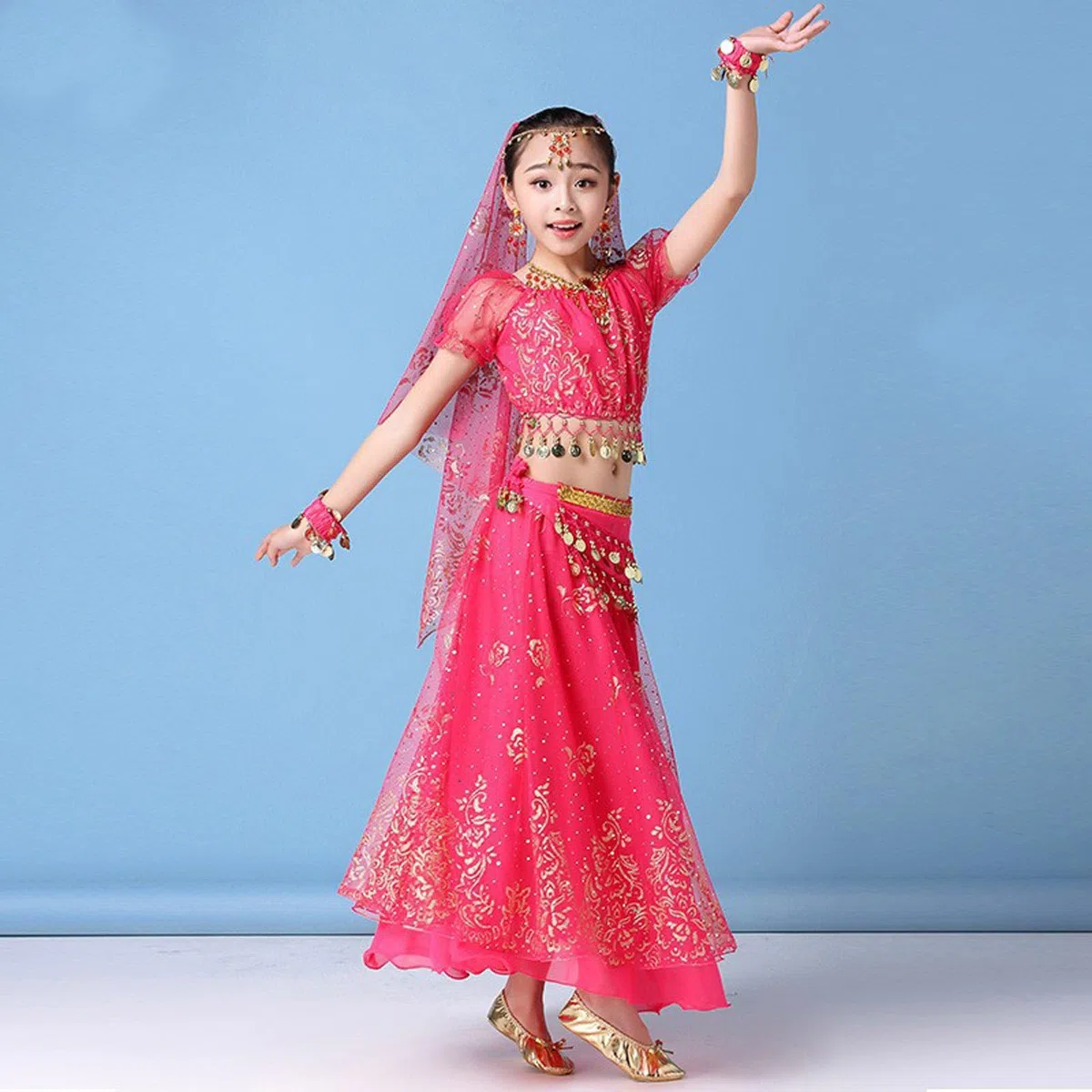 Générique Déguisement Enfant Costume Danse Orientale Robe Indienne Carnaval Fille Indienne Tenue Danse Fille Bauch Tanz Kostüm Performance Vêtements Jupe en Mousseline de Soie Ensemble