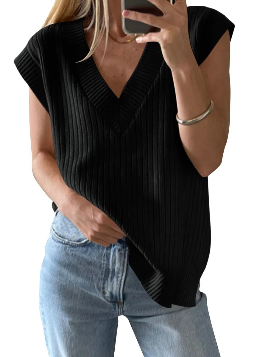 Saodimallsu Pull à col en V pour femme - Gilet surdimensionné sans manches - Léger - Pull d'été élégant