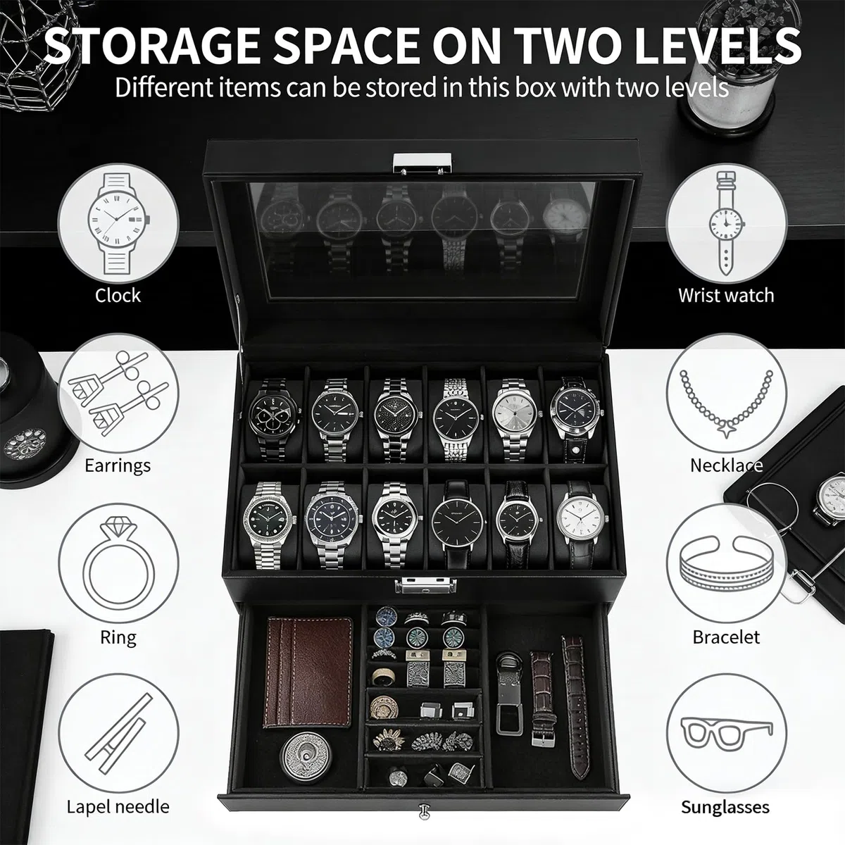 Boîte à montres à 2 couches,Coffret à Montres avec couvercle en verre,Rangement pour Montres en Cuir,12 compartiments et 1 tiroir,pour montres, bagues, bracelets,Boîte de Montre Noir