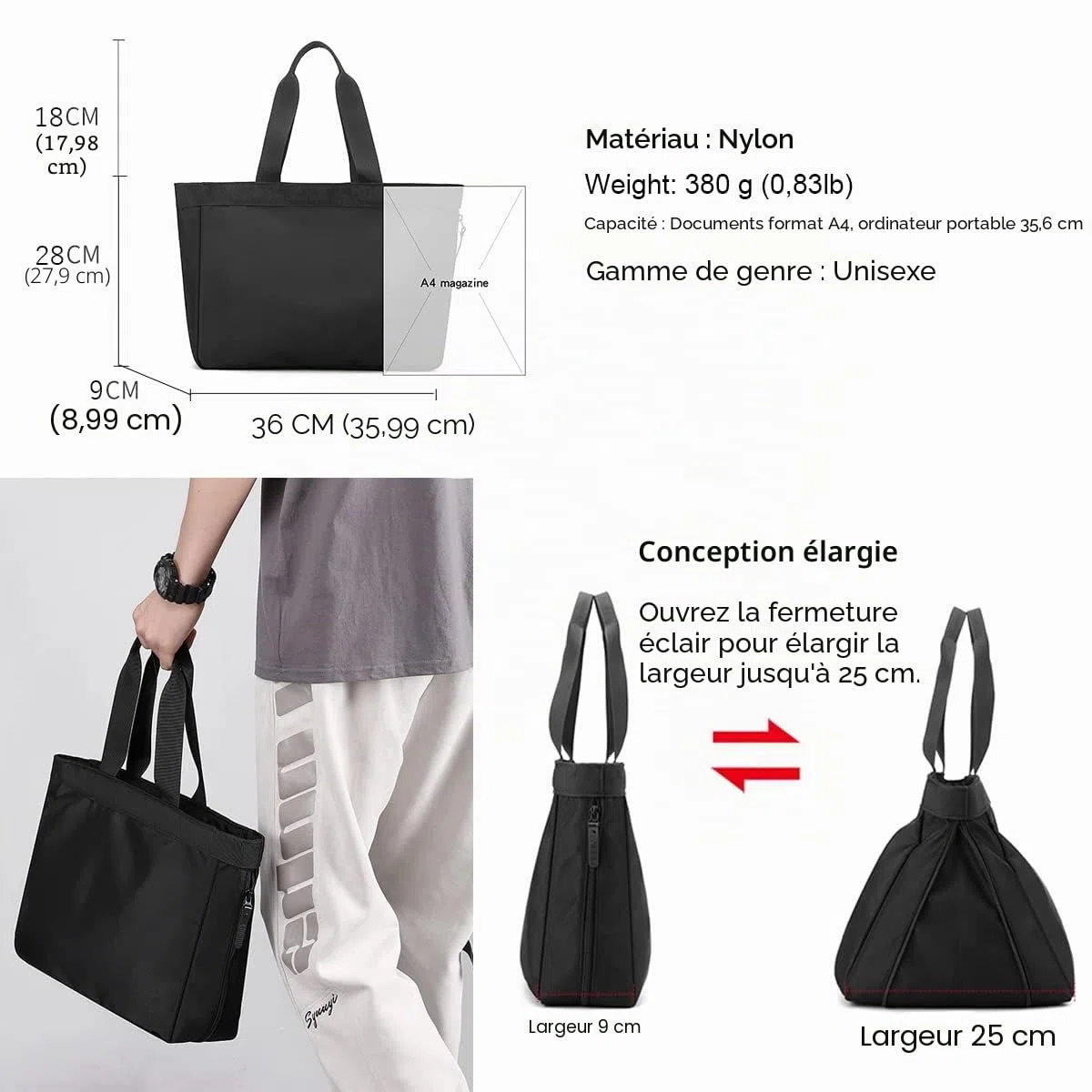 zhongningyifeng Sac fourre-tout pour homme de 14 pouces en nylon imperméable léger d'affaires décontracté noir sac à main pour le travail, l'école, les voyages, Noir, L