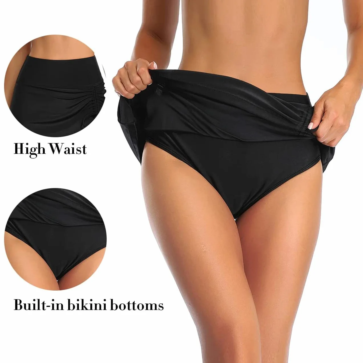 Jupe de Bain Femme Ruched Serrage Réglable Bikini Bas de Maillots de Bain Jupette avec Intégré Taille Haute Jupe de Sport Short de Bain Bikini de Plage Vêtements d'Été