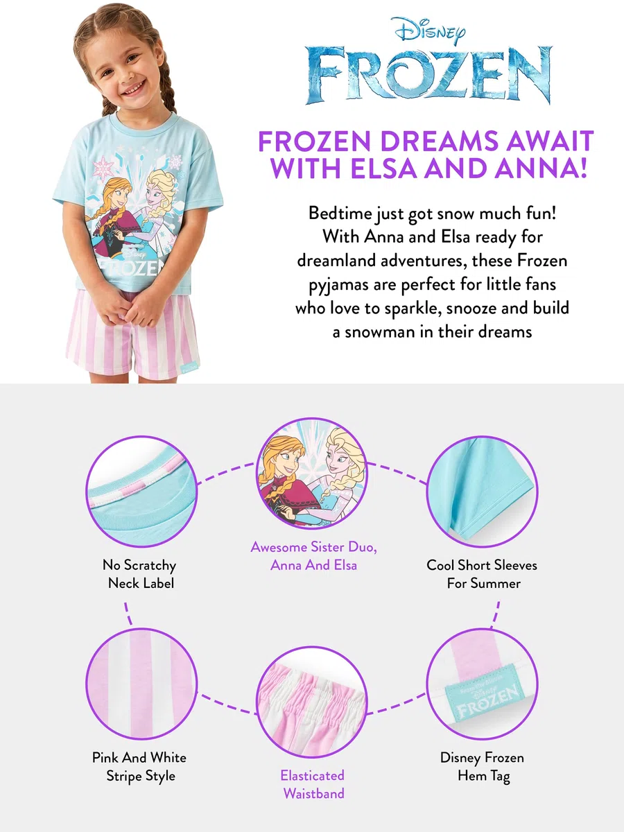 Disney Frozen Pyjama avec Anna Et Elsa, Pyjama Coton Enfant Fille Été avec Short Rayé
