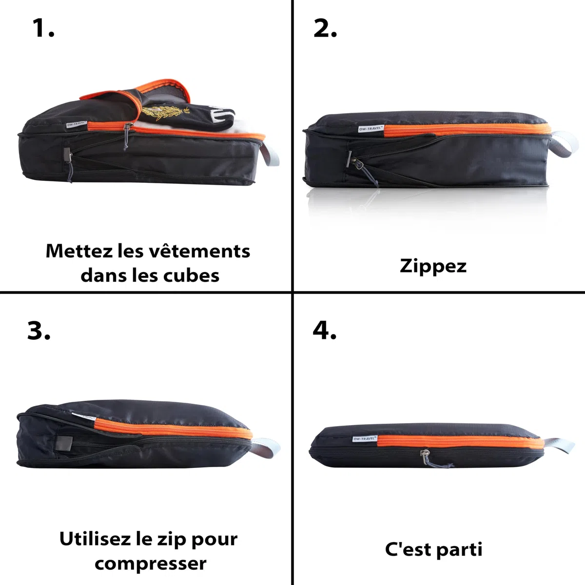 OW-Travel Organisateur de Valise Compressible (4 pièces, Moyen, Noir) Organisateur Valise, Sac de Compression Voyage. Organiseurs de Bagage, Pochette Rangement Voyage pour Sac à Dos. Packing Cubes