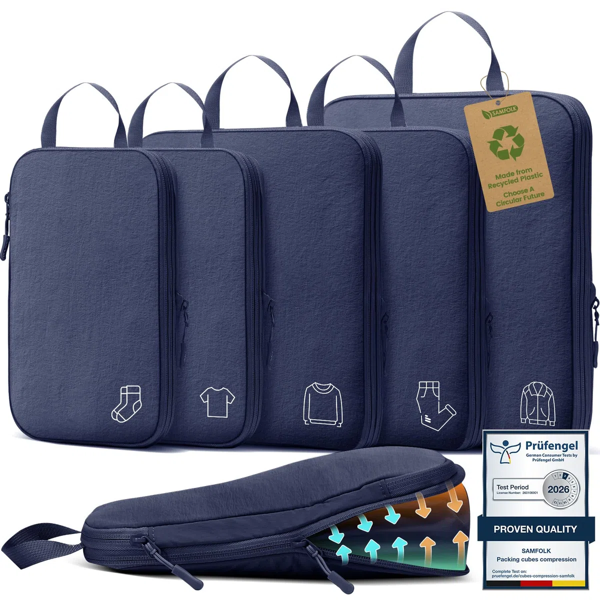 Organisateur Valise Sac Compression Voyage,Organisateur de Voyage Nylon Packing Cubes Compression,Rangement Valise Bagage Sac Compression pour Sac à Dos Bleu Marine