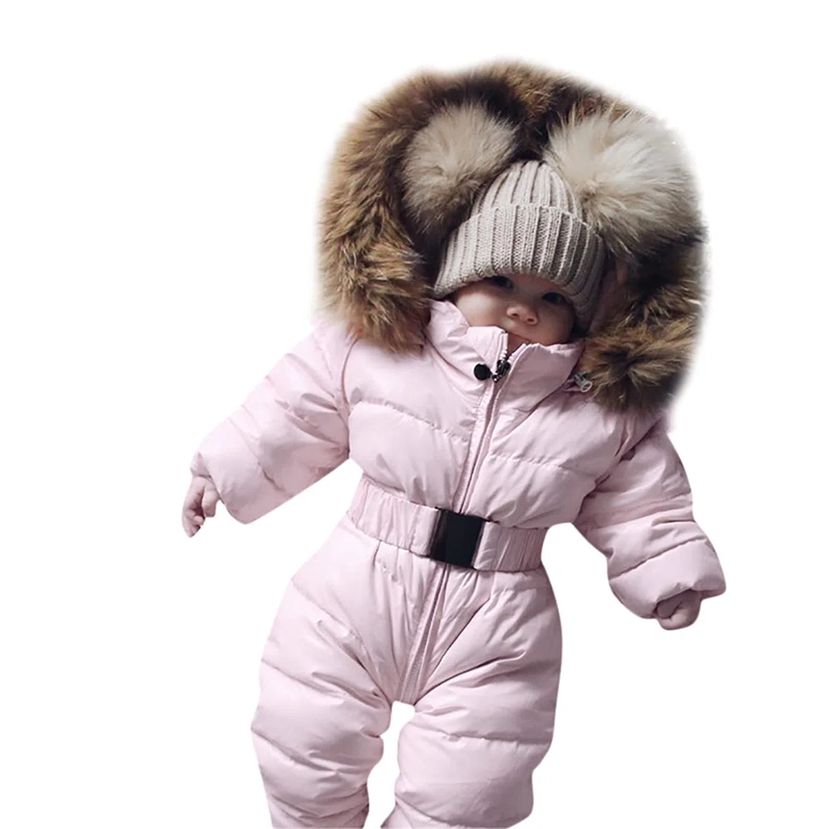 Combinaison de Neige pour Enfants Hiver Bébé Fille Garçon Rembourré à Capuche Fourrure Manteau Couleur Unie avec Ceinture Combinaison De Ski Survêtement Veste Chaud
