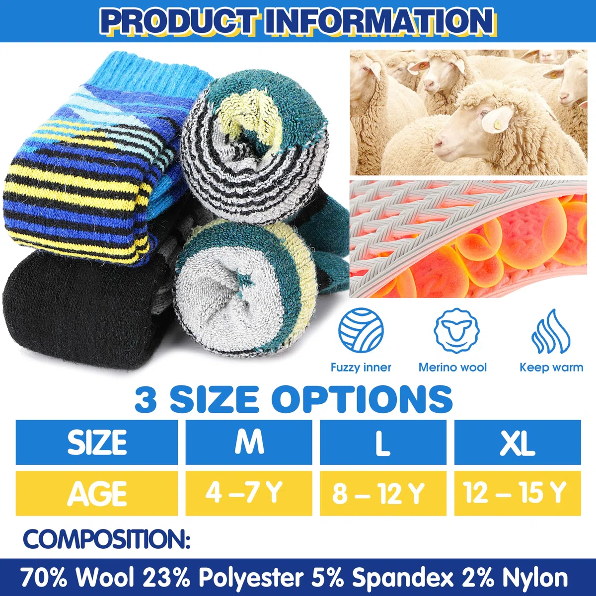 ANTSANG 3 Paires Chaussettes Ski Laine Mérinos Enfants Garçons Filles Chaudes Hiver Épaisses Rembourrées pour Snowboard Ski