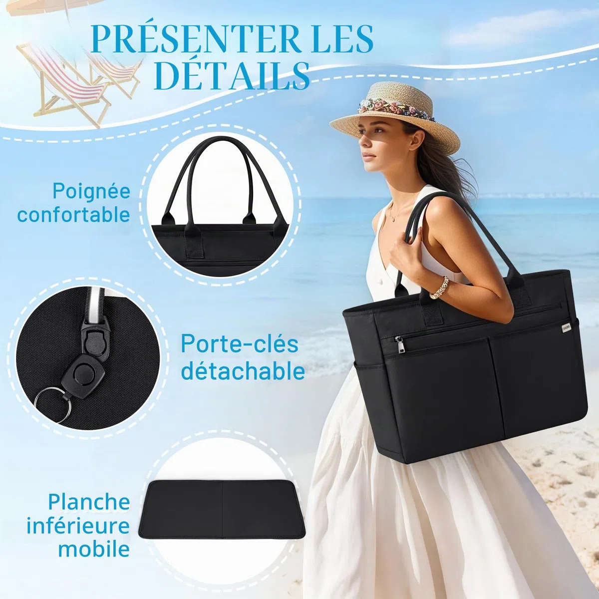 IGOLUMON Grand Sac de Plage Femme XXL 40L Sac Cabas Plage avec Fermeture Éclair Imperméable Tote Bag Pliable Grande Capacité Sac Shopping pour Plage Voyages Gym Piscine Noir