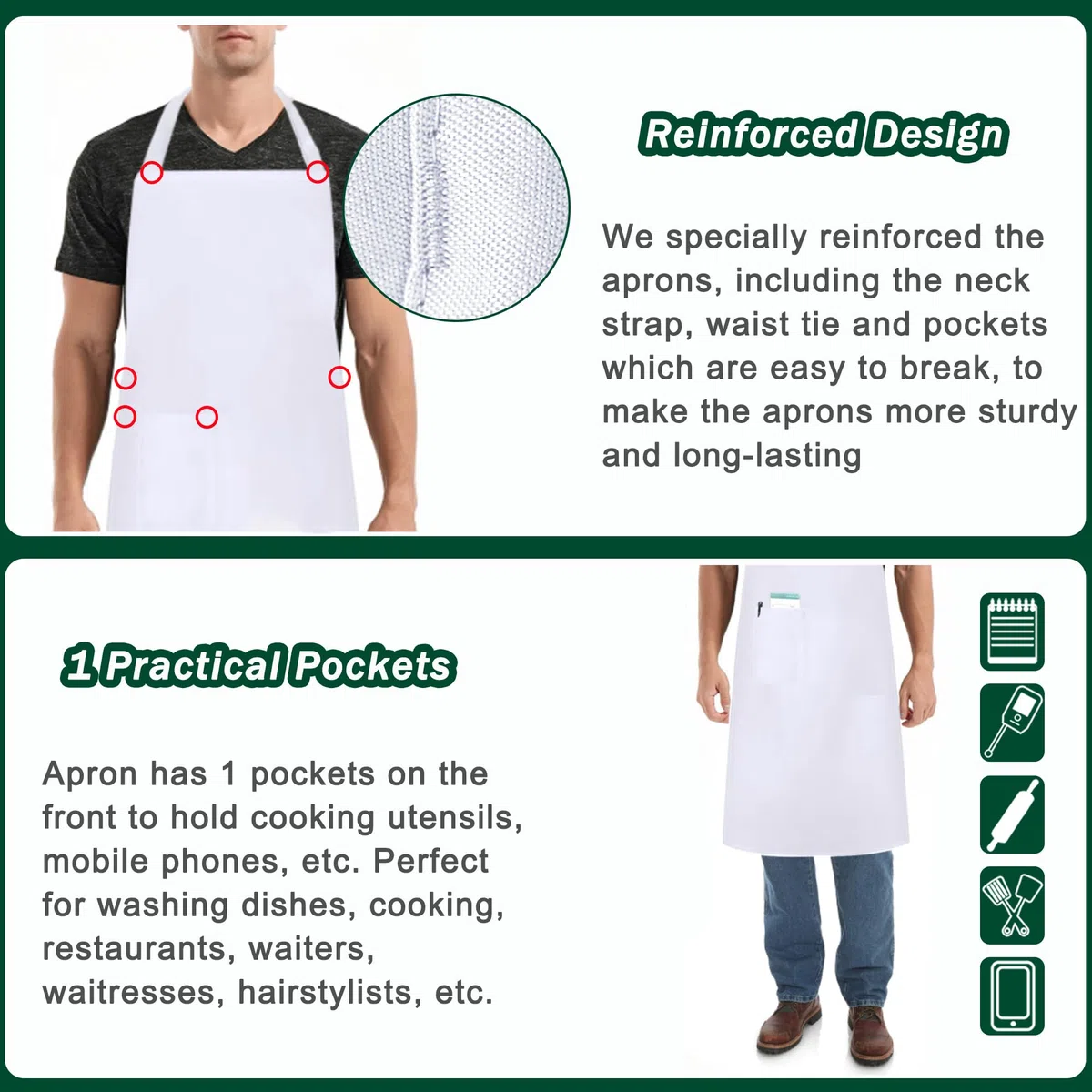 5 Pièces Noir Blanc Tabliers, Chef Tabliers pour Hommes et Femmes, Professionnel Cuisine Serveur Tabliers (1 Poche)