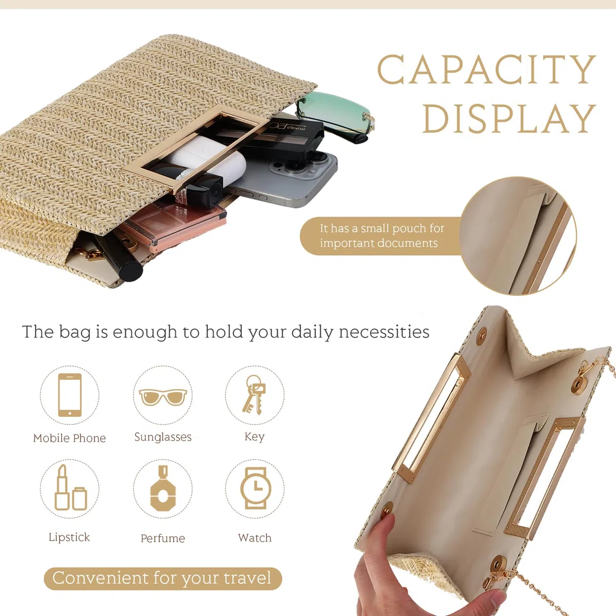 EVEOUT Pochette de Soirée en Paille Femmes Clutch Paille Tissée avec Chaîne été Sac à main Paille pour Mariage Plage Vacances（Couleur naturelle）