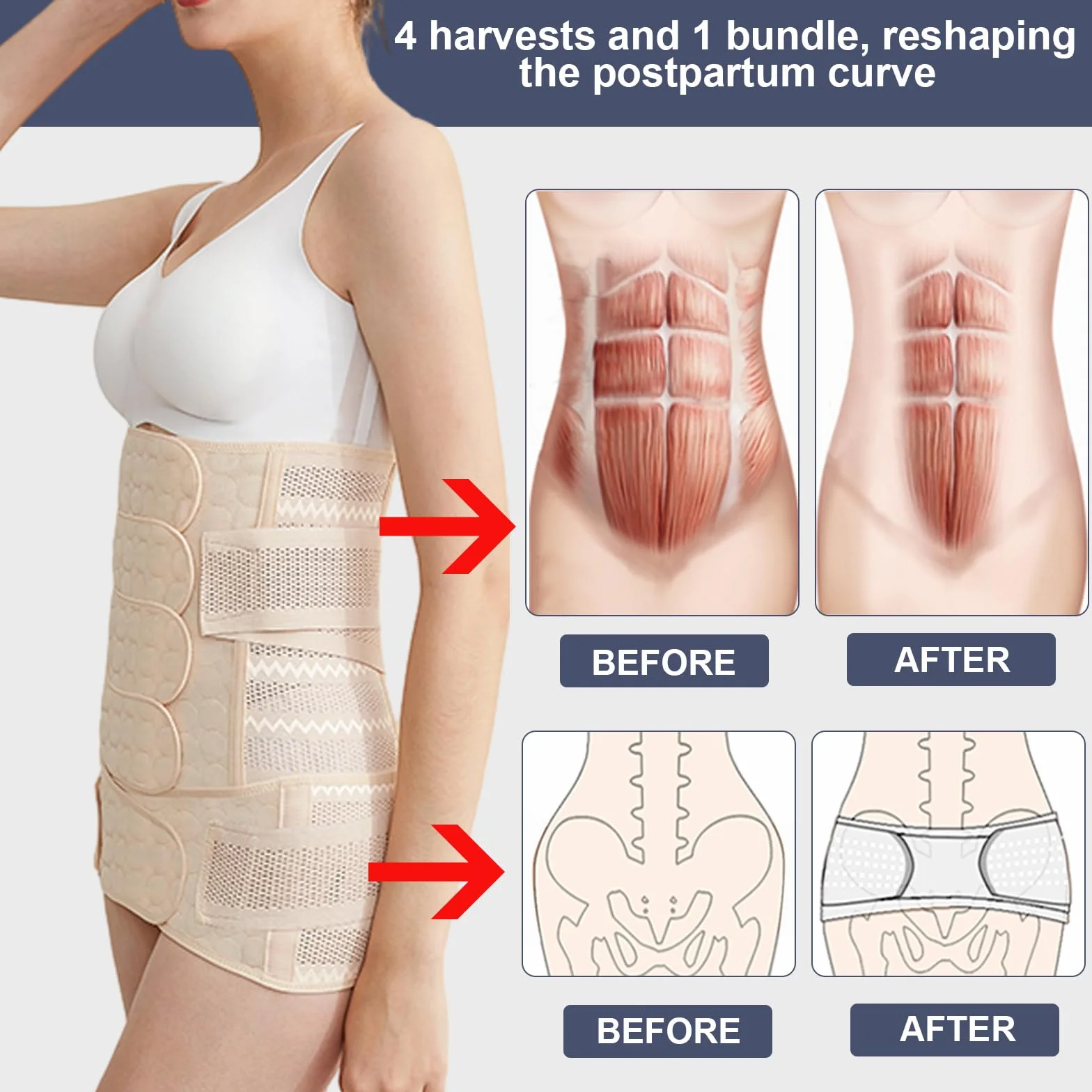 3 in 1 Ceinture Abdominale Femme, 4 Patchs Ceinture Soutien Grossesse avec Ceinture Pelvienne, Ceintures Post Partum Accouchement M L XL XXL, Ceintures Maintien Lombaire, pour Ventre Plat (L)