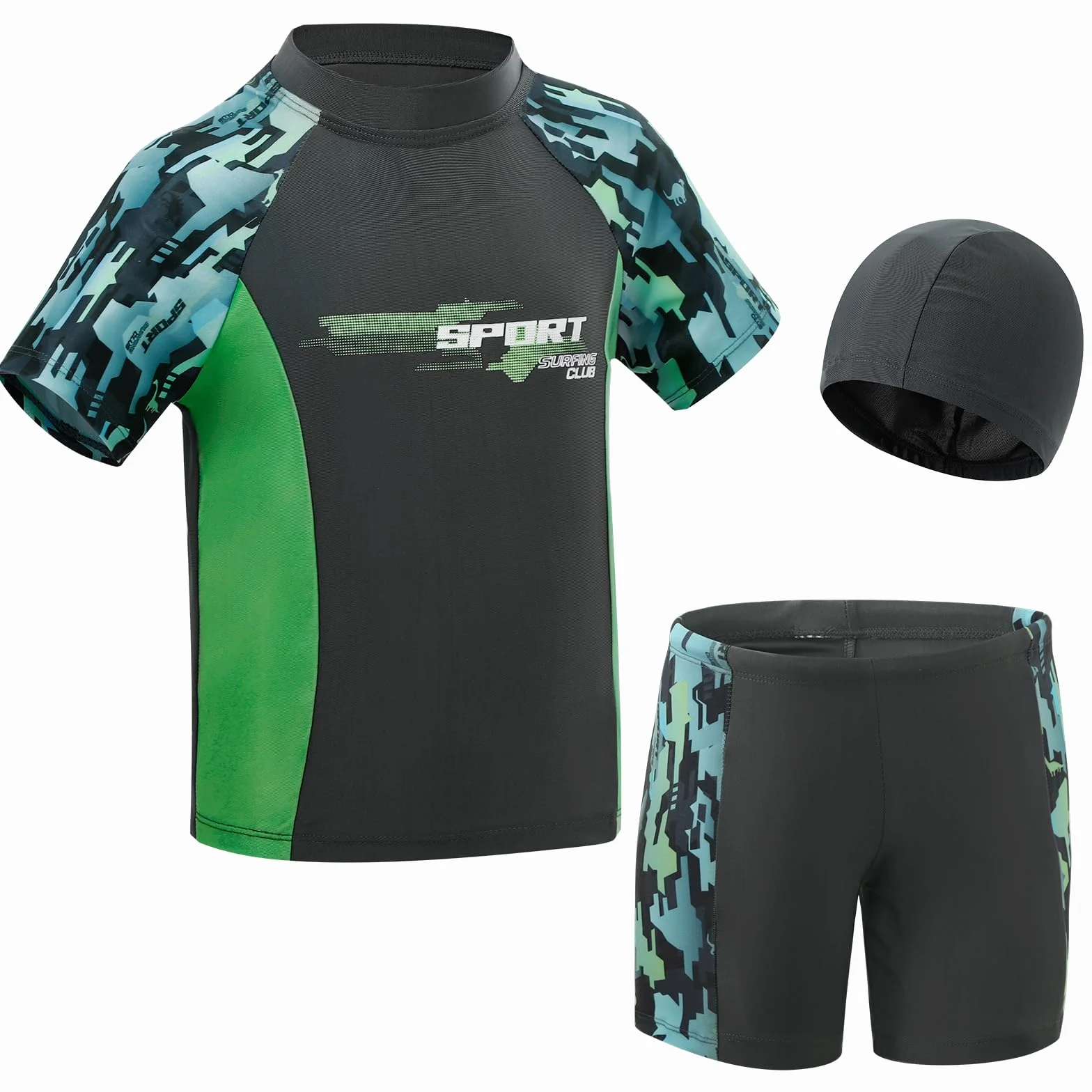 KAKU NANU 3 Pieces Maillot de Bain Enfant Garcon 3-11 Ans Anti UV Manches Courtes Bonnet Piscine Enfant Short de Bain