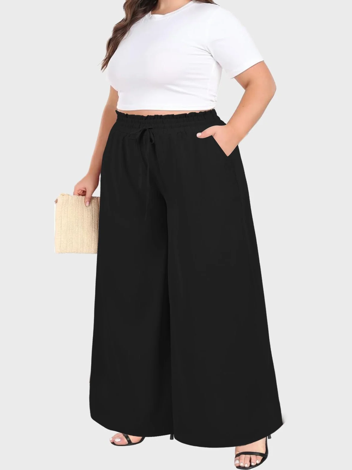 Moon Wood Pantalon Femme Grande Taille Haute Été Long Léger Fluide Elastique avec Poches