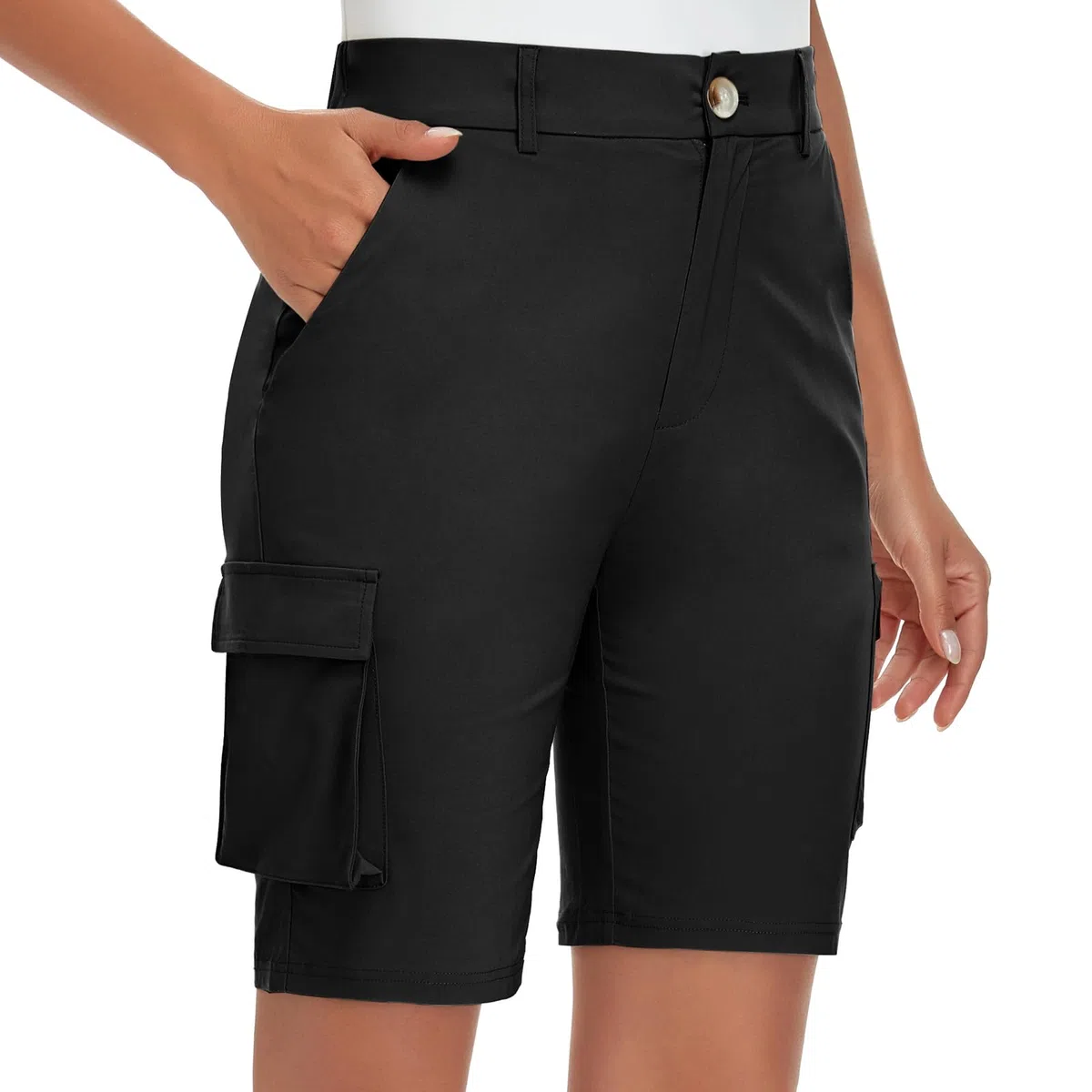 Soneven Léger Shorts Cargo Femme Été Taille Elastique Pantalons Court Taille Haute Fermeture éclair pour Randonnée Golf Loisir Safari avec Poches Zippées