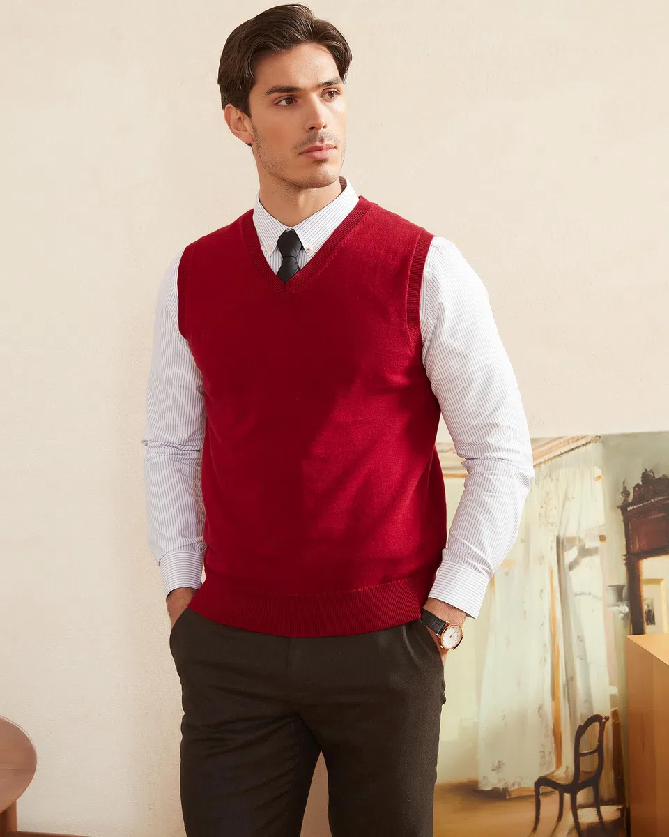 Kallspin Hommes Gilets en Coton sans Manches Col en V Gilets tricotés Pull-Over Relaxed Fit Sweater Vest