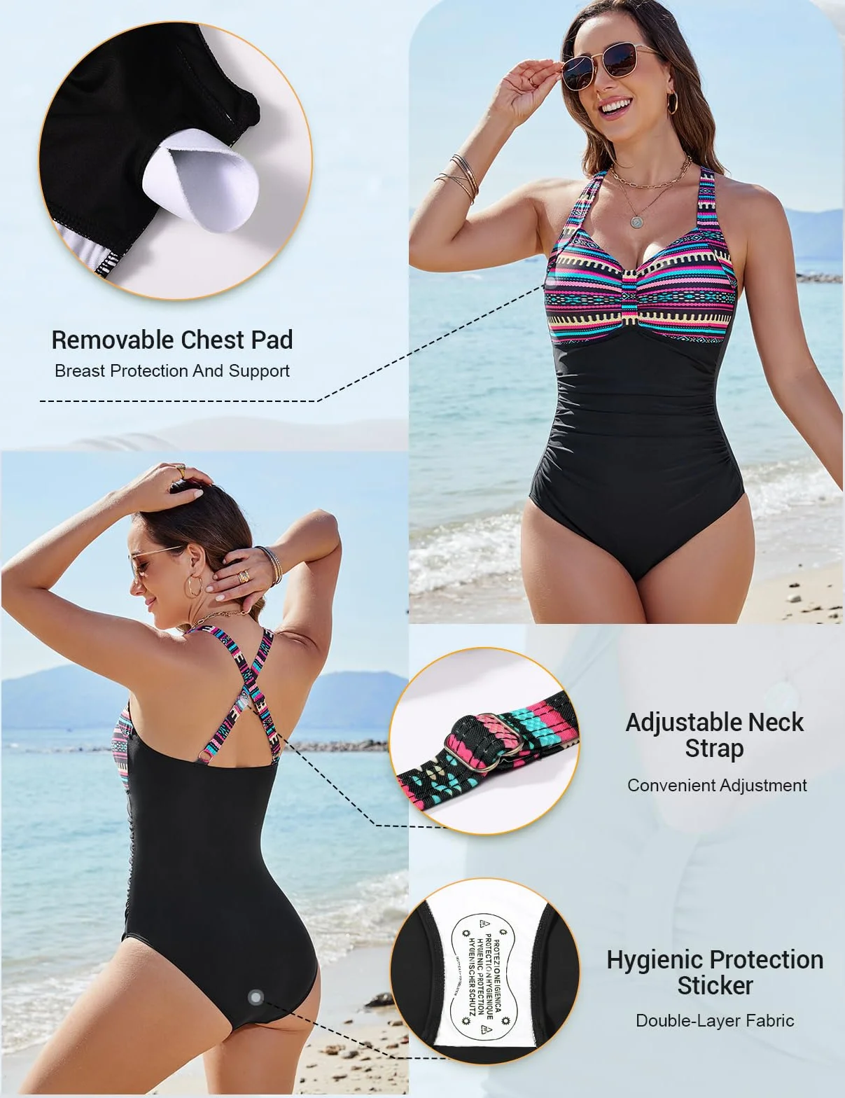 Nadeer Maillot de Bain Femme 1 Pieces Gainant Monokini Sexy Push Up Swimsuit Col en V Dos Croisé Swimwear Grande Taille Rembourré Beachwear