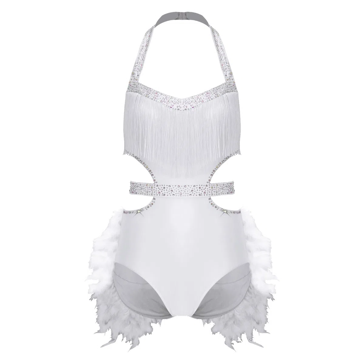 Oyolan Femme Justaucorps Danse Moderne Jazz Latine Salsa Samba Rumba avec Strass Plumes Tenue Danseuse