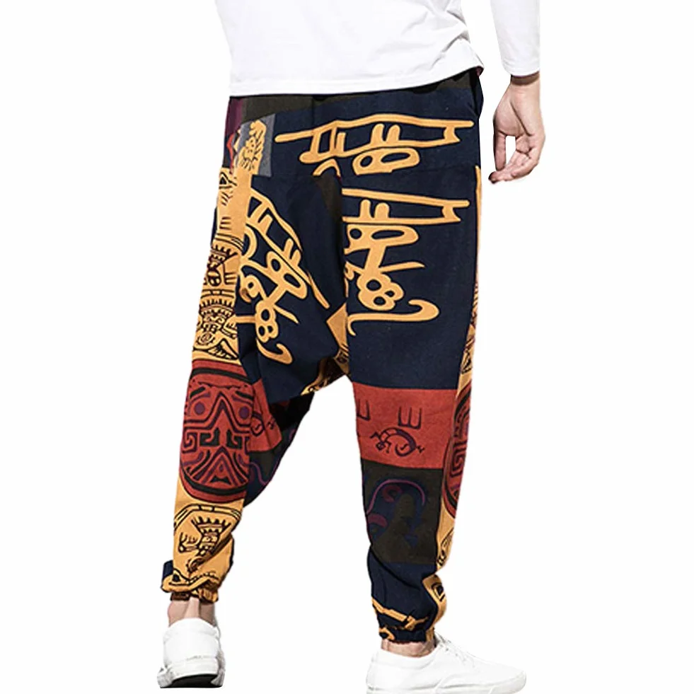 Pantalon sarouel hip-hop ample en lin pour homme - Pantalon de yoga Aladdin bohème - Pantalon bouffant - Entrejambe profond - Imprimé rétro - Pantalon avec poches