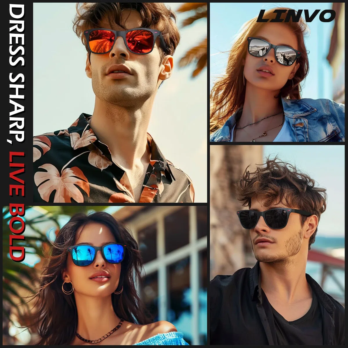 LINVO Lunettes de Soleil Homme Polarisées Vintage TR90 Mode Classiques Ultraléger Carrées 100% Protection UV400 Lunettes de Soleil