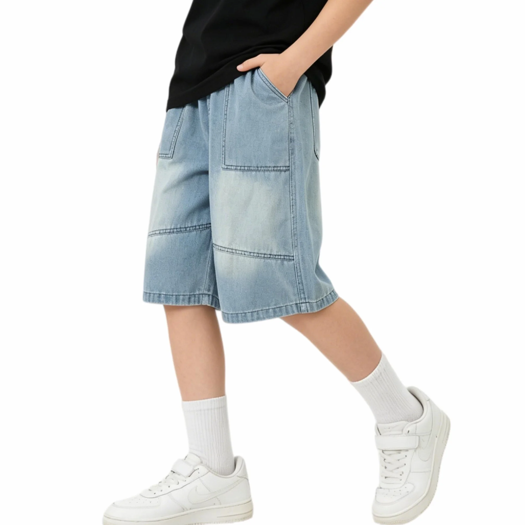 Rolanko Short en Jean pour Garçon, à Taille Élastique Baggy Ample Cargo Denim Shorts pour L'été