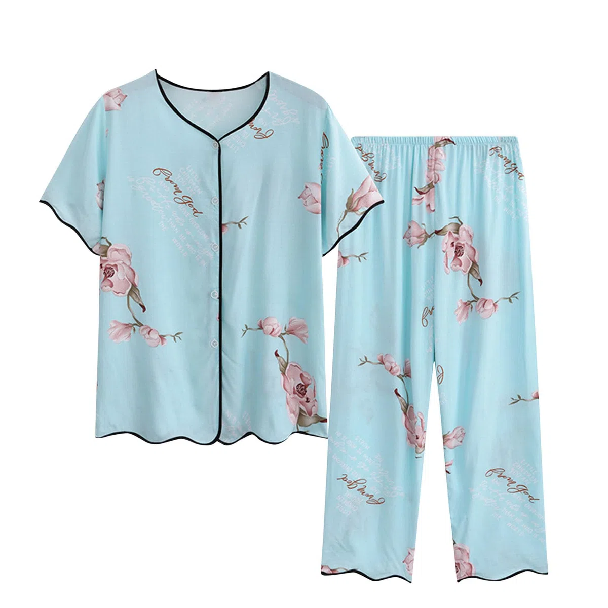 NSICBMNO Ensemble de pyjama pour femme - Grande taille - Chemise boutonnée - Haut floral - Taille élastique - Pantalon capri - Ensemble de détente d'été - Ensembles de vêtements d'intérieur