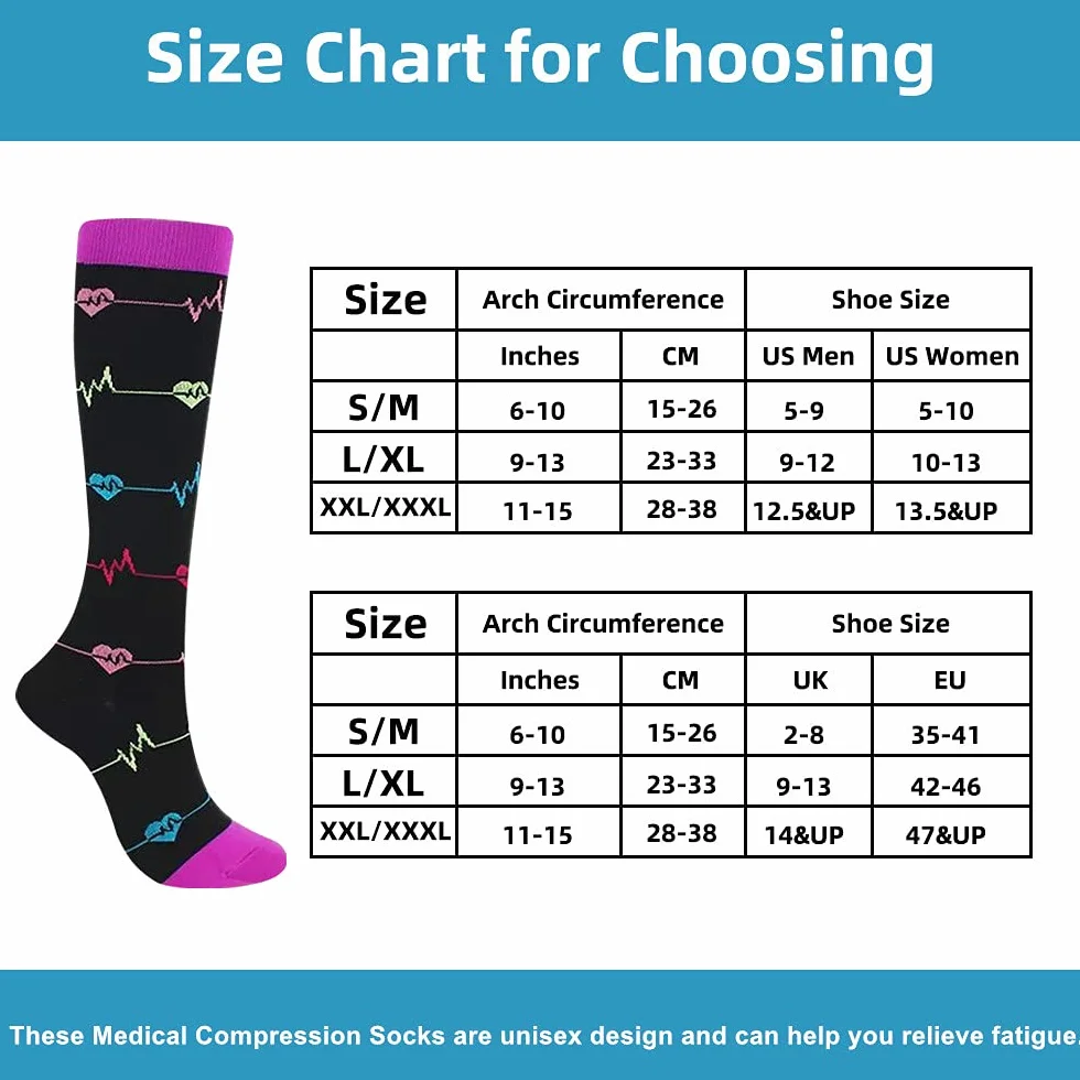 Chaussettes de compression pour femmes et hommes, 7 paires de bas de compression médicaux Chaussettes de soutien 15-20 mmHg pour l'athlétisme, les varices, la course, le cyclisme, la randonnée
