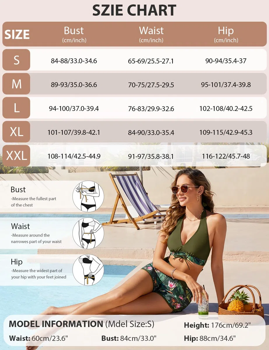 Tuopuda Femme Maillots de Bain Deux Pièces Push-up Col V Bikini Set Ensembles 2 Pièces Haut de Bikini Dos Nu avec Shorty de Bain Taille Haute Imprimé
