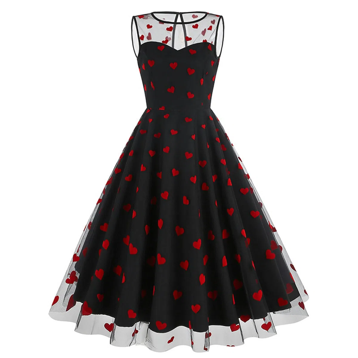 Robe rétro européenne et américaine à col Rond sans Manches pour la Saint-Valentin en Maille brodée de Cerises-Noir Cerise-M