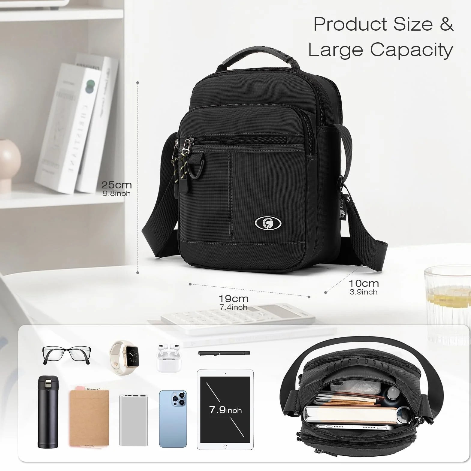 SPAHER Sacoche Homme Bandouliere Sac Porté Epaule Entreprise Sac a Main Nylon Imperméable Sac Besace Pochette Homme Bandoulière Sacs D'épaule pour Usage Voyage Randonnée et Sports Noir