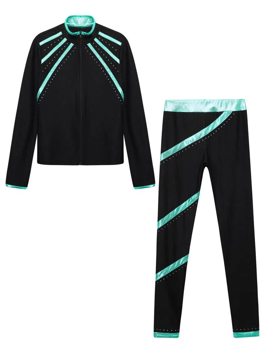 TiaoBug Enfant Fille Ensemble de Patinage Artistique Veste de Gymnastique Manches Longues et Pantalon de Sport Danse Yoga Survêtement Sportwear 5-16 Ans