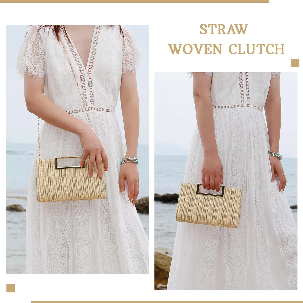EVEOUT Pochette de Soirée en Paille Femmes Clutch Paille Tissée avec Chaîne été Sac à main Paille pour Mariage Plage Vacances（Couleur naturelle）